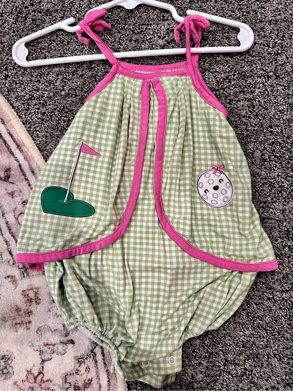 Angel Dear Green Gingham Golf Appliqué Tank Romper Green & Pink Baby 6-12M